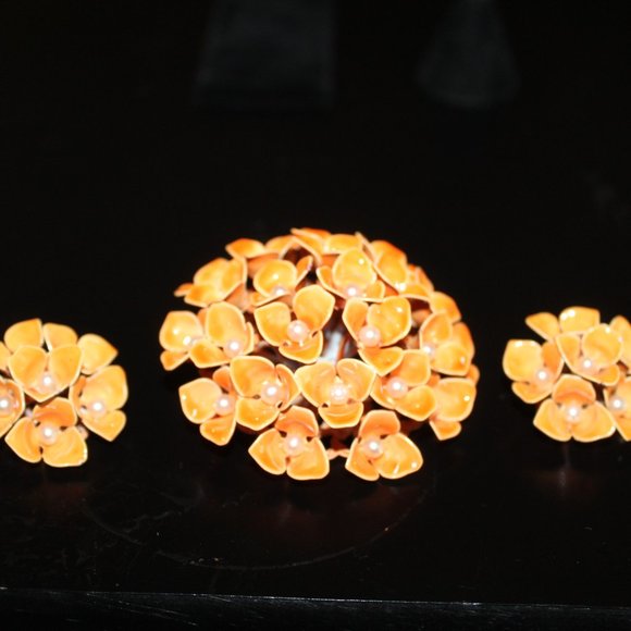 Beautiful Enamel and baby pearls adorn this brooch & clip back earrings - Picture 13 of 16